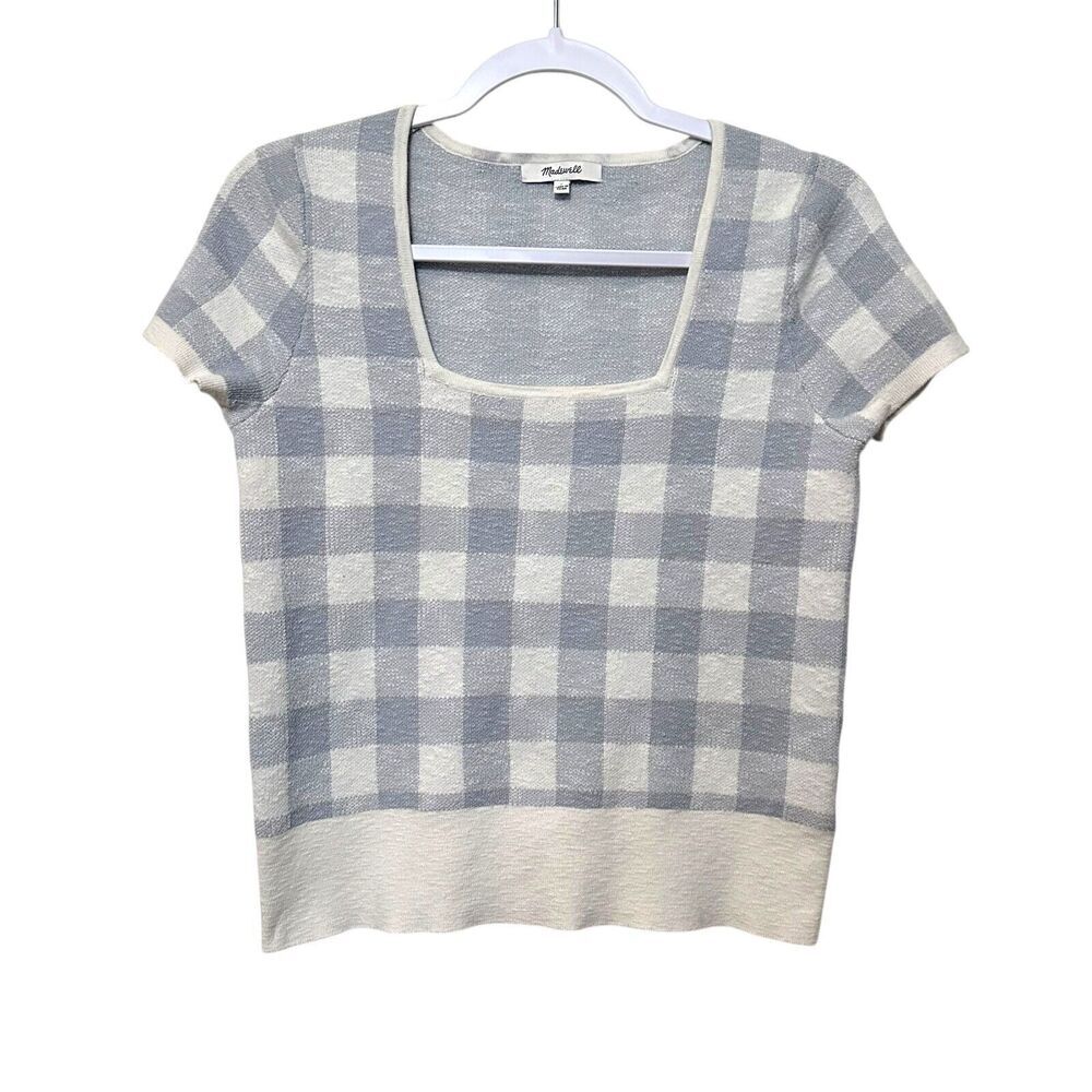Madewell Square-Neck Checkered Sweater Women's S Gray Preppy Boho Casual